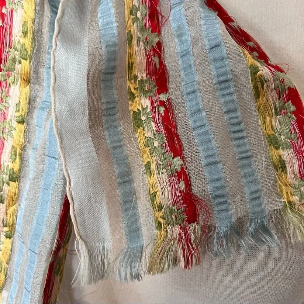 Incredible 1940s / 1950s Handmade Embroidered Texture Gypsy Scarf Raw Fringe Hem